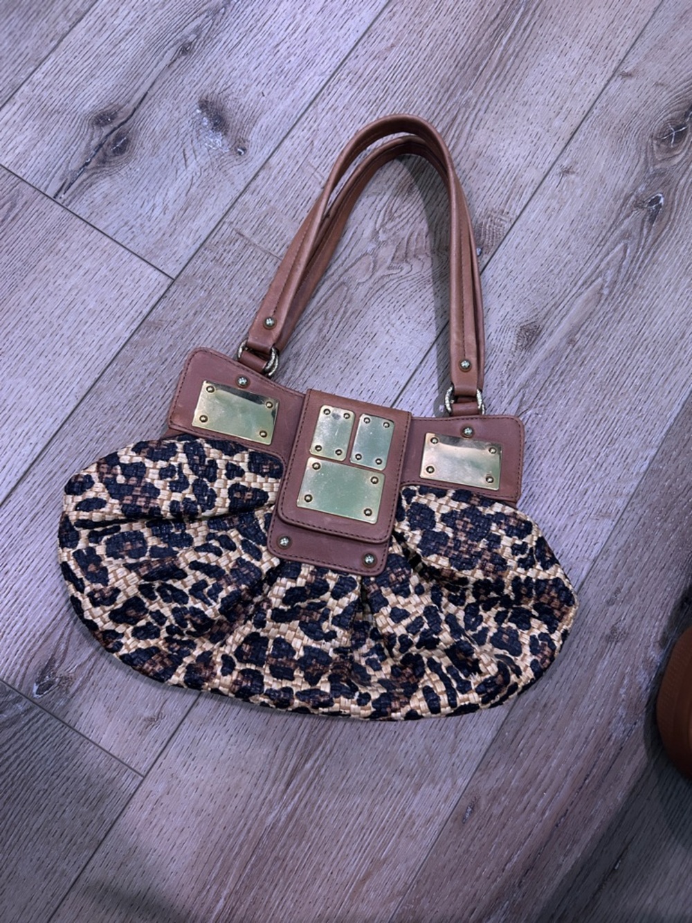 Stuart Weitzman Leopard Print Straw Shoulder Bag with Tan Trim and Gold Hardware